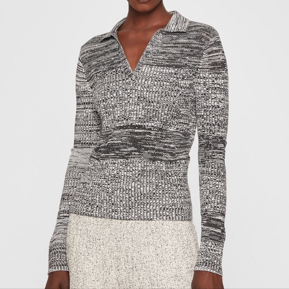 Club Monaco Gray Black Johnny Collar Pullover Marled Ribbed Sweater | Size L